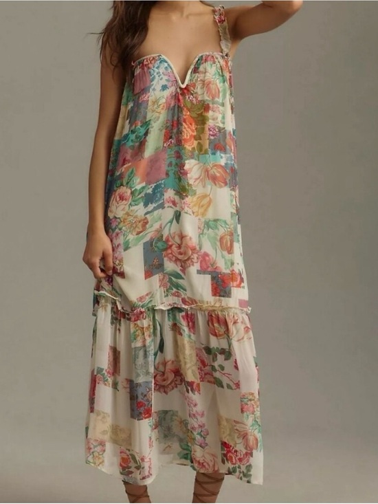 Anthropologie Dresses & Skirts - Anthropologie Chiffon Shift Midi Dress Patchwork Floral Pink